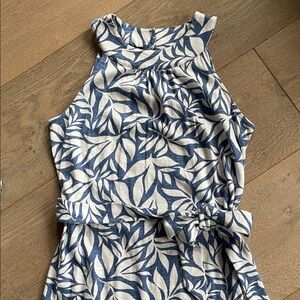 Blue and White Leaf Print Midi Dress